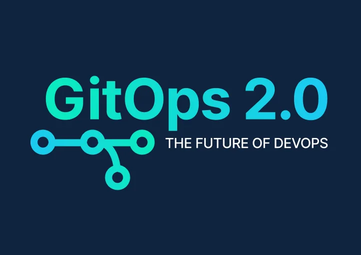 Text saying "GitOps 2.0" and "The Future of DevOps" with a branching line graphic, on a dark blue background.