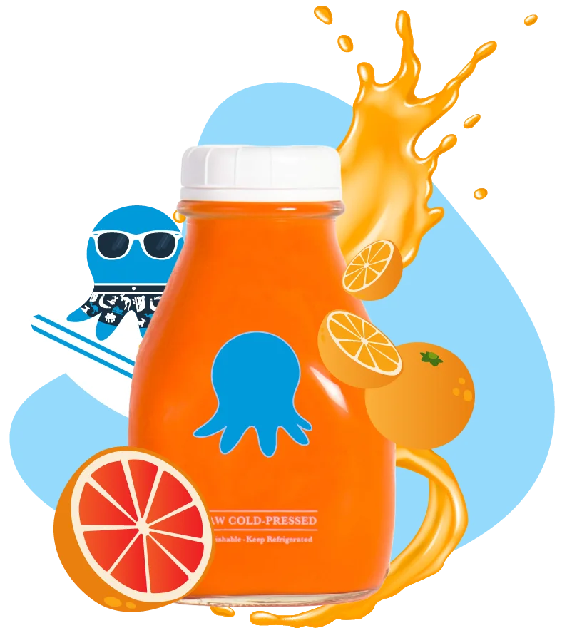 Octopus deploy branded juice bottle with oranges, orange splash and Octopus surfer character