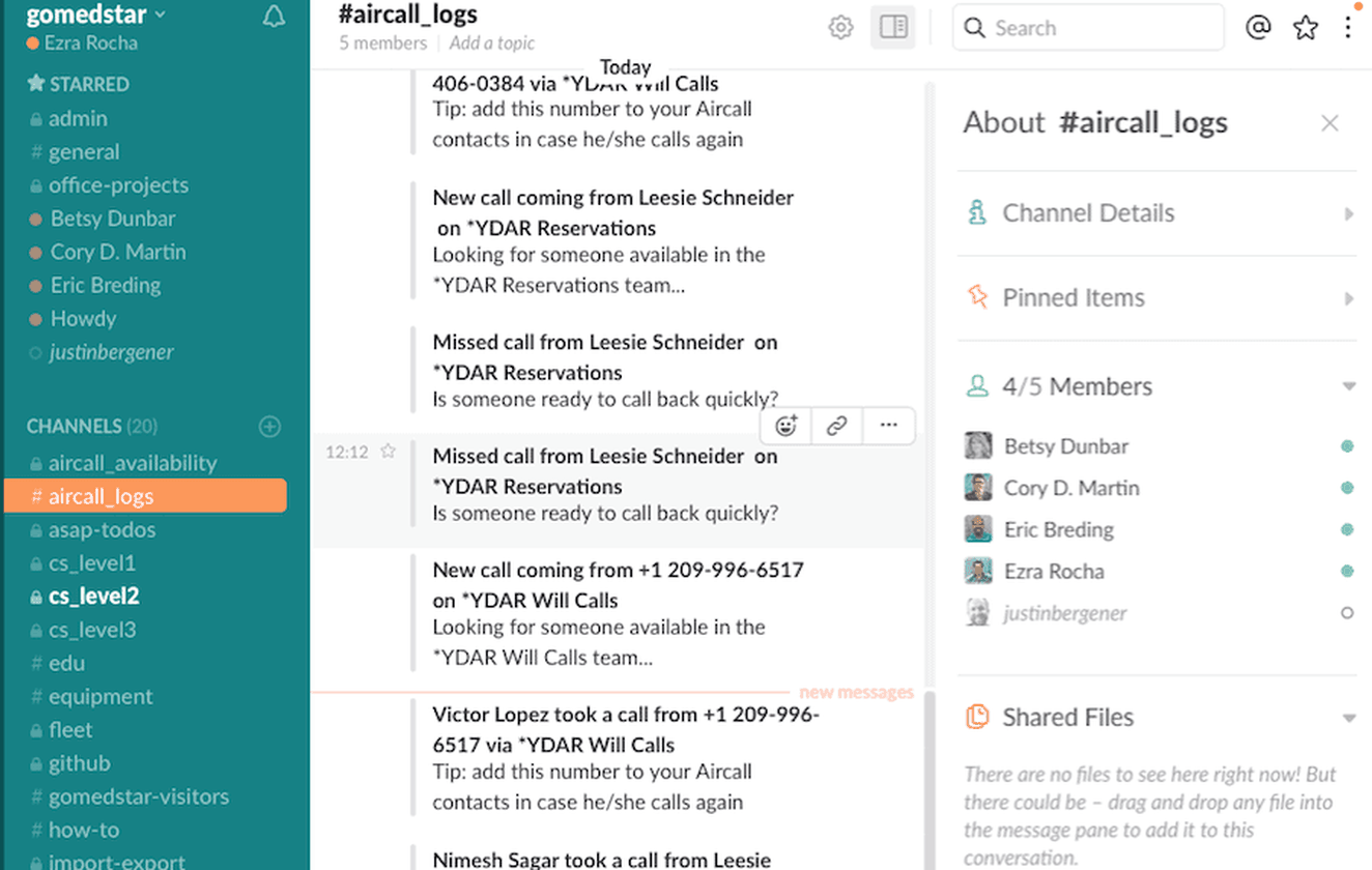 medstar slack aircall logs