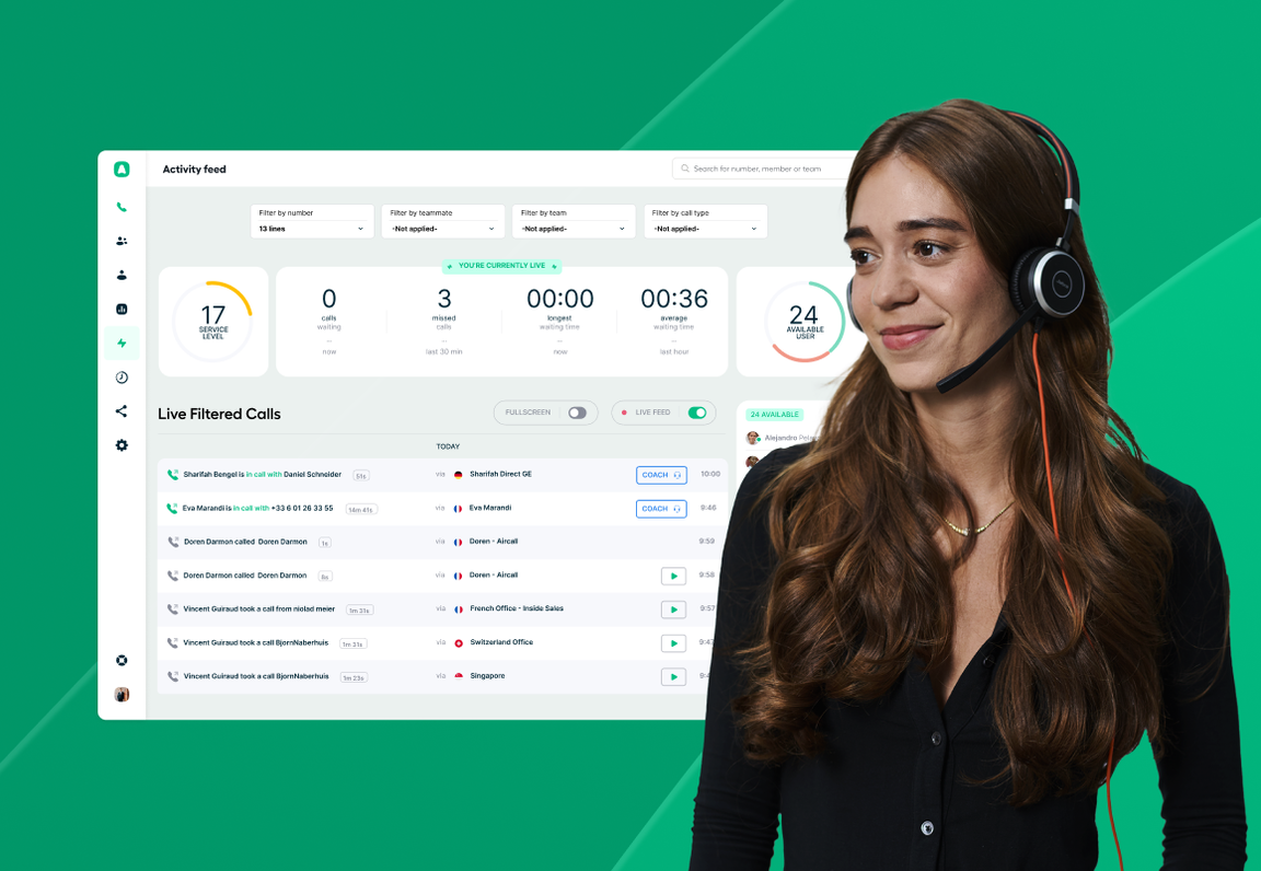 Woman in front of activity feed using Aircall, a Cloudcall alternative