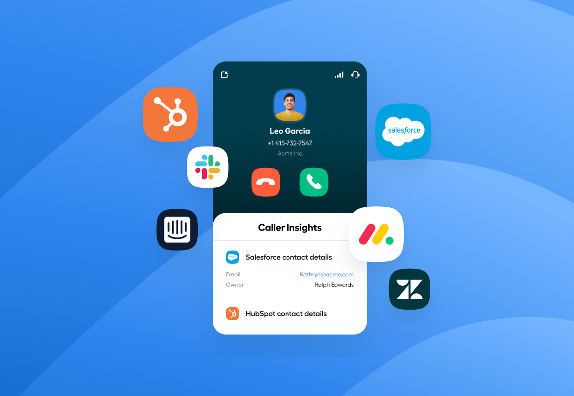softphone on a blue screen with floating integration logos