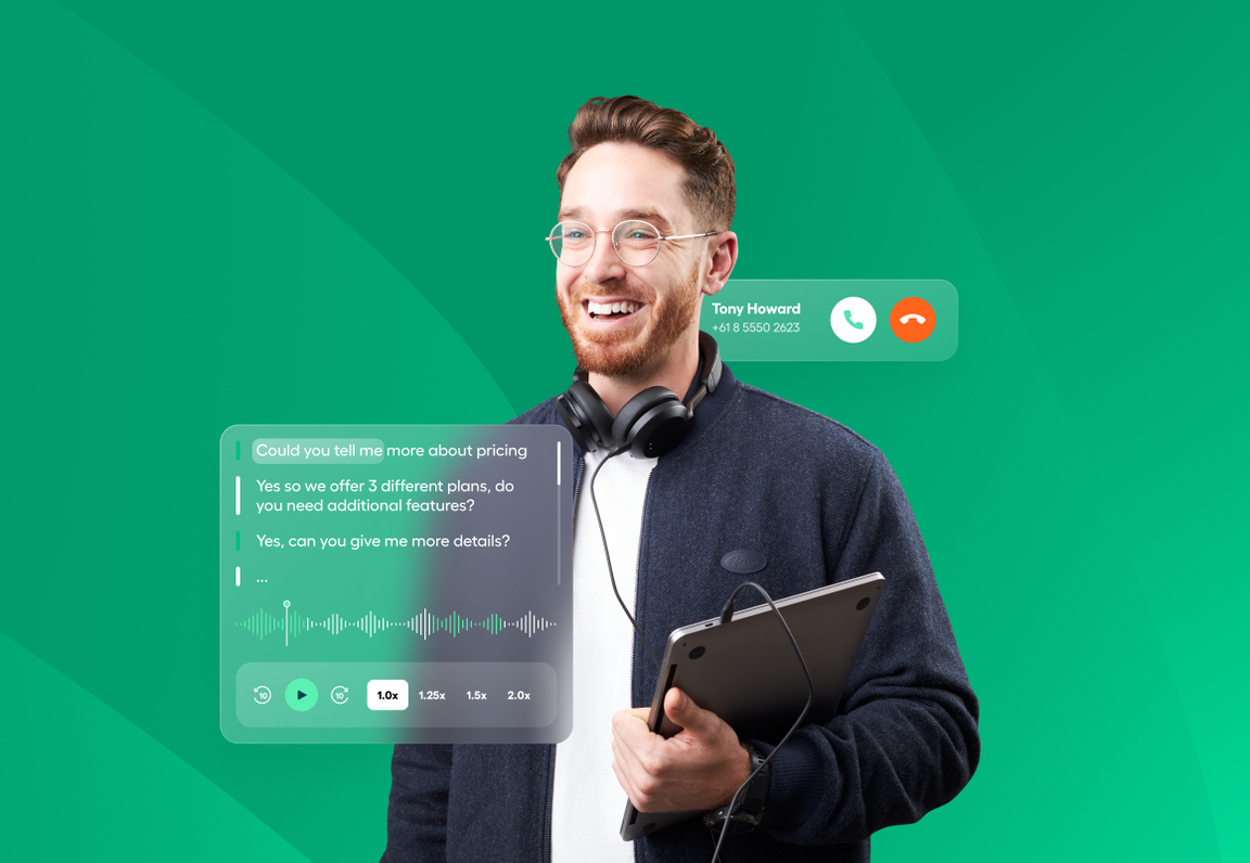 Man on green screen with pop up of conversational analytics tool