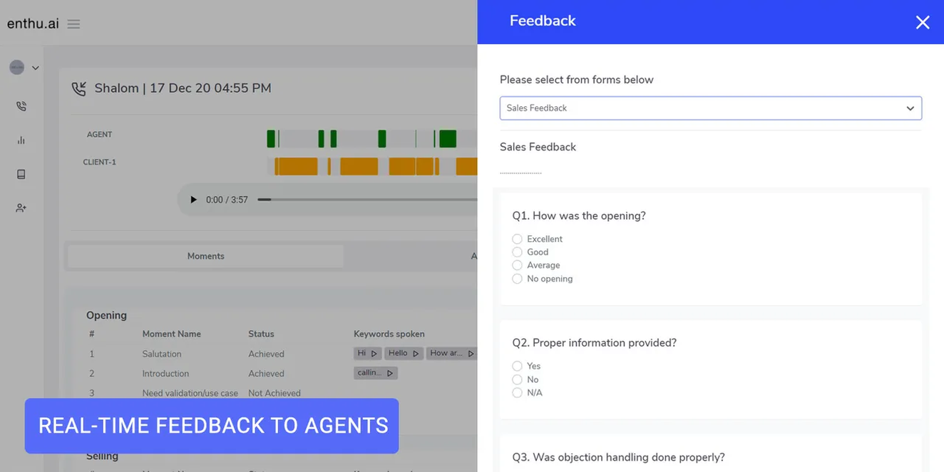Give actionable feedback about specific calls to your agents with Enthu.AI.