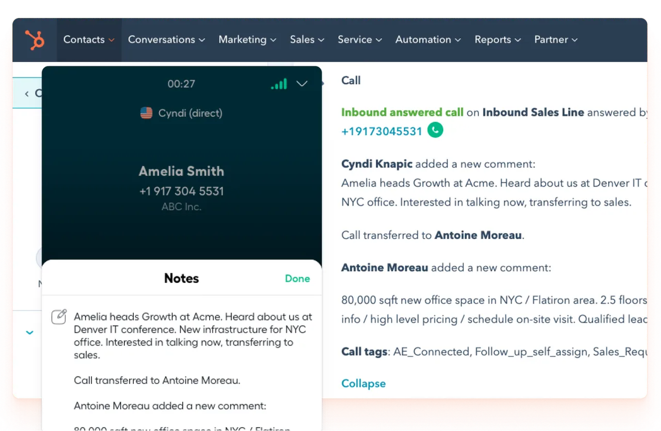 Take detailed notes on conversations within HubSpot to keep all your agents in the loop.