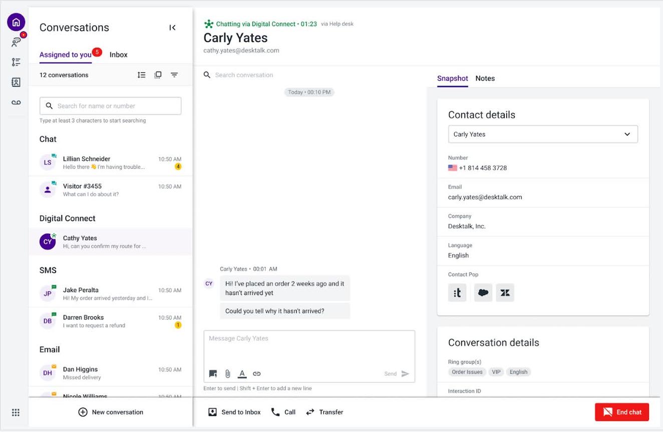 Talkdesk permet aux agents de centres d’appels de discuter avec les clients sur différents canaux de service client à partir d’un seul écran.