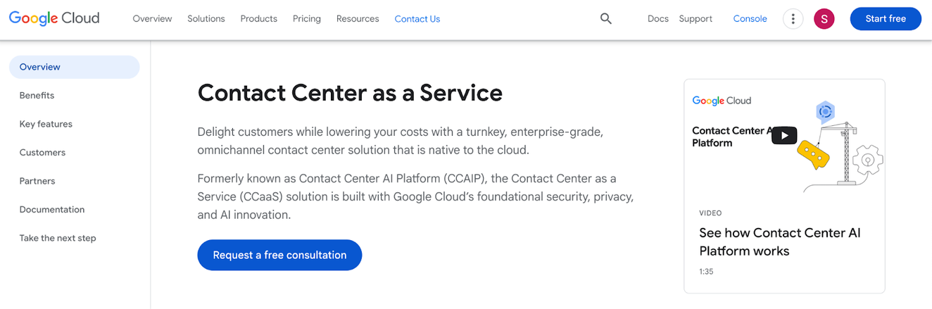 Conçu pour les entreprises qui exploitent l'écosystème Google Cloud, Google CCAI propose une plateforme de centre de contact native du cloud et axée sur l'IA.