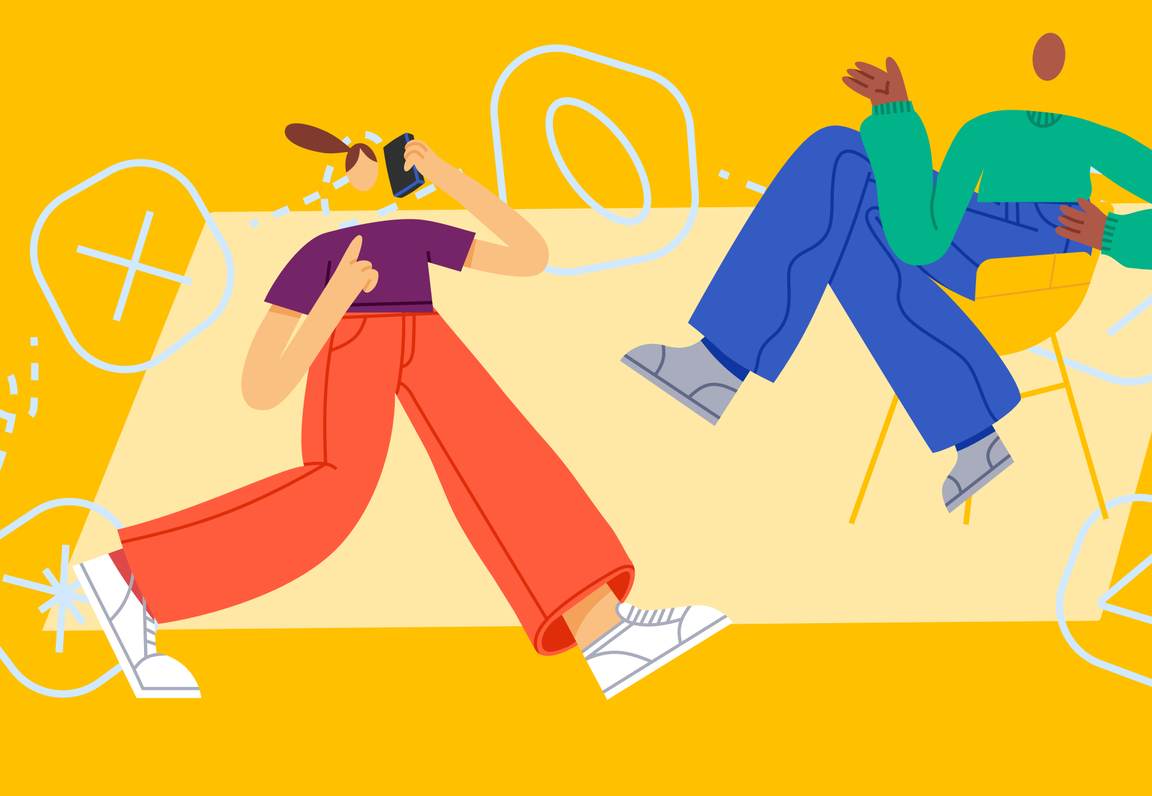 Illustration of two people talking in front of a yellow background