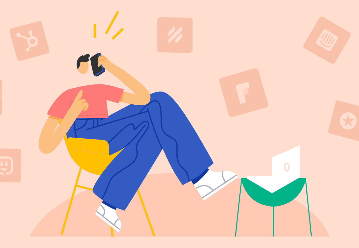 Person wearing blue and red sitting in a yellow chair on the phone surrounded by customer success tool icons