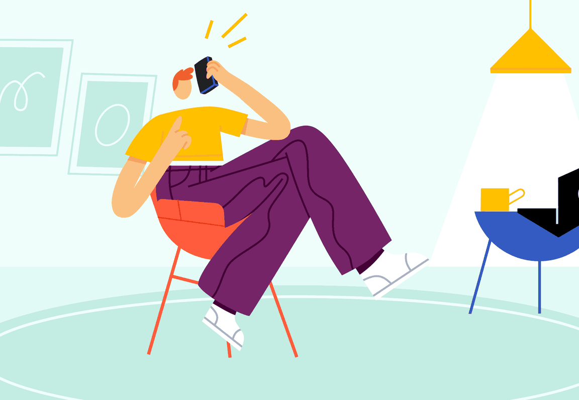 Illustration of a person sitting in an office on the phone