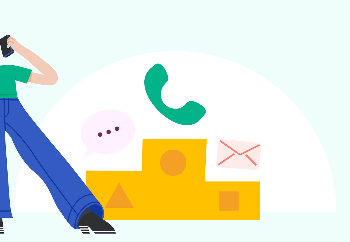 Person on the phone next to three communication channel icons