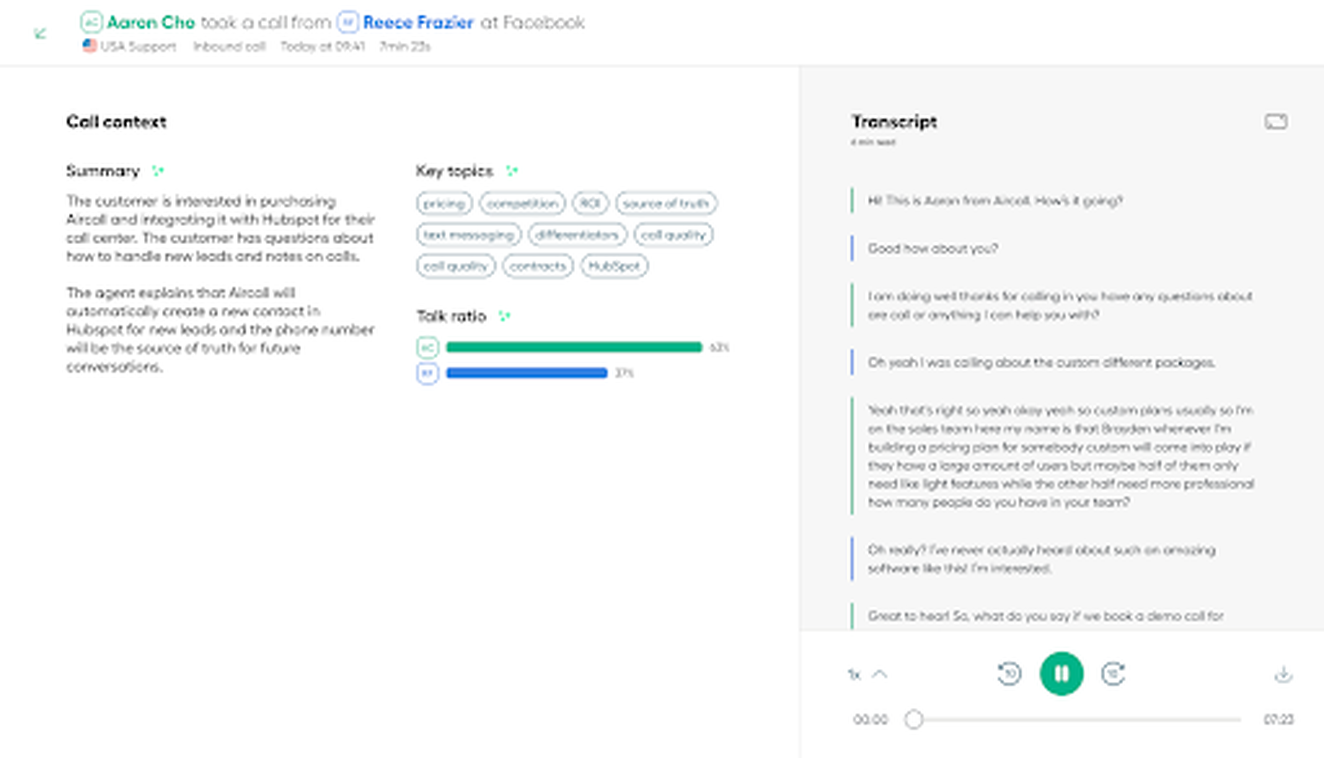 Access automated call summaries and an overview of key topics in Aircall’s Conversation Center.