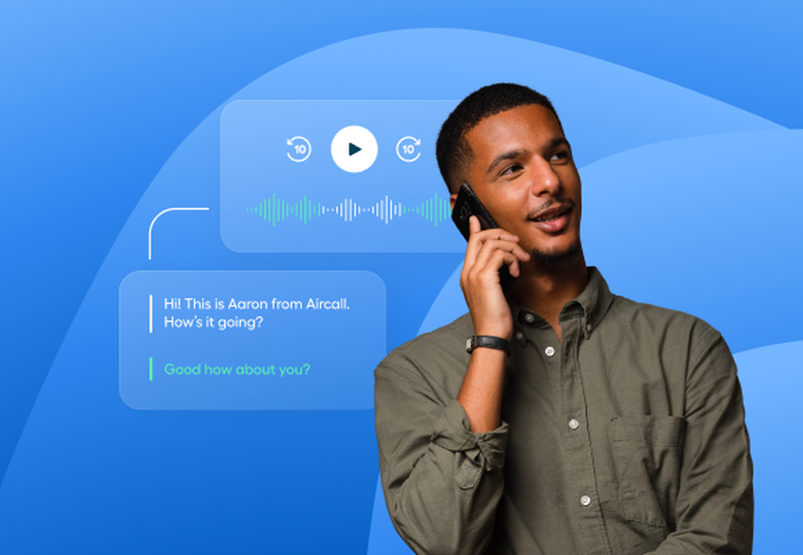 Man in a sales phone call leveraging AI for sales technology with AI transcription on the background