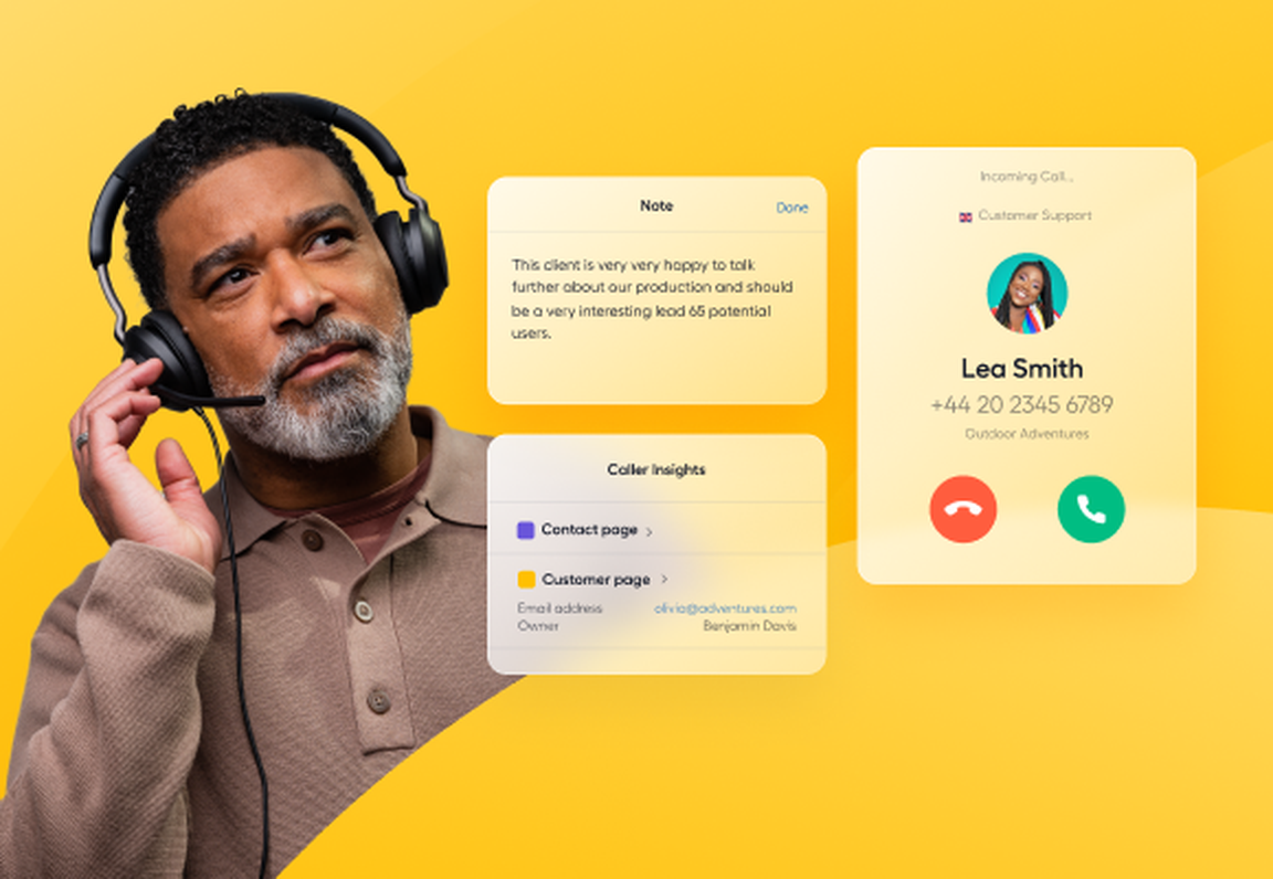 Man on yellow background with data insights from voice analytics tool