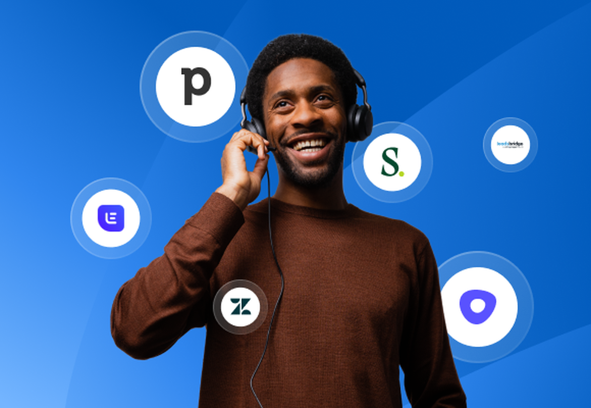 Salesman talking on the phone experiencing sales automation with floating integrations logos