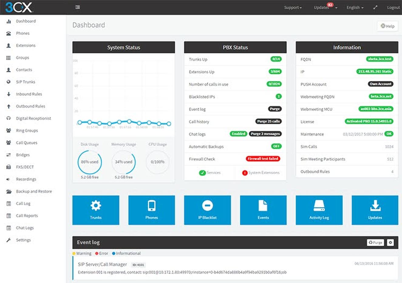 You can view system status and other important information on the 3CX dashboard.