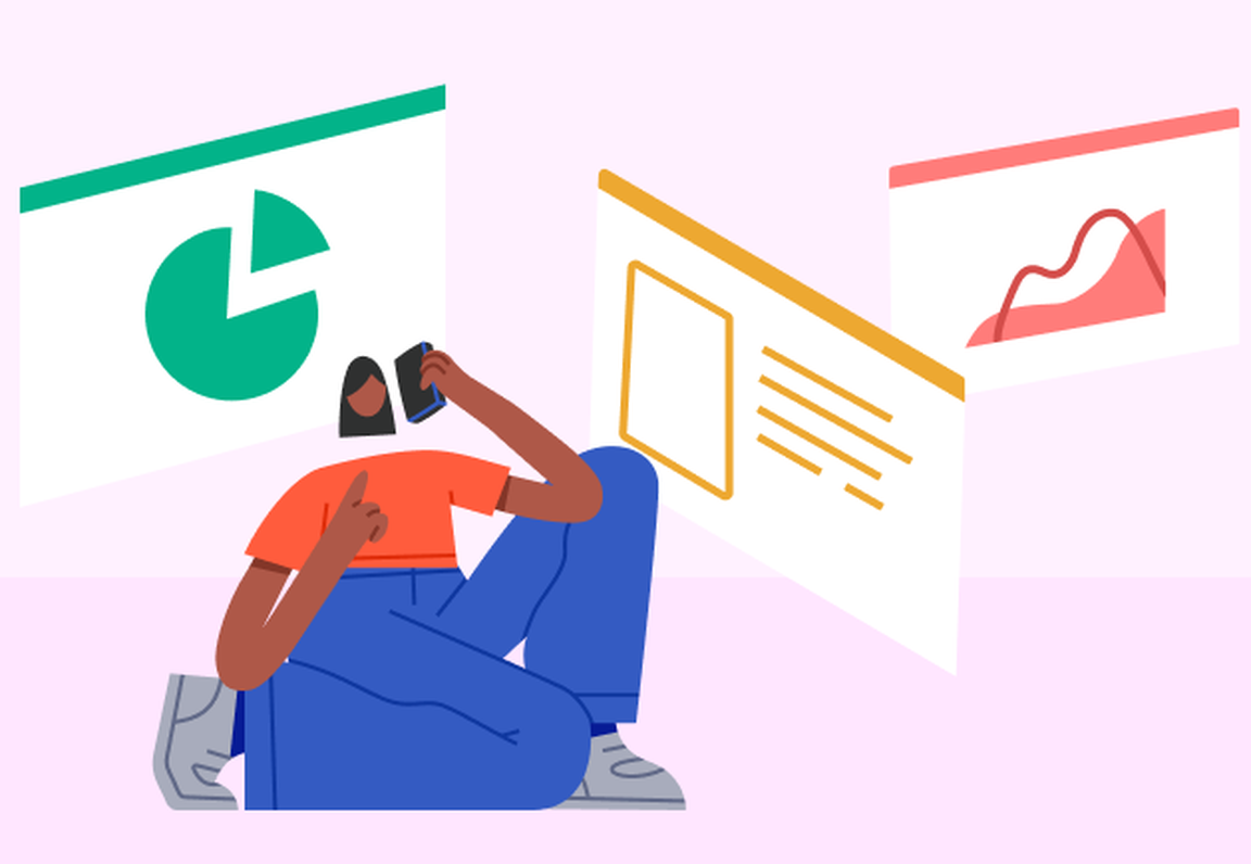 Illustration of a person talking on the phone while kneeling in front of charts