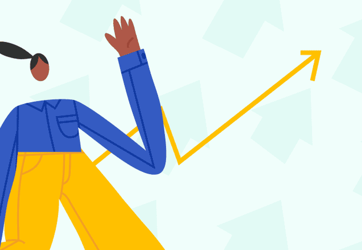 Illustration of a person waving in front of a green background with a yellow arrow pointing upward