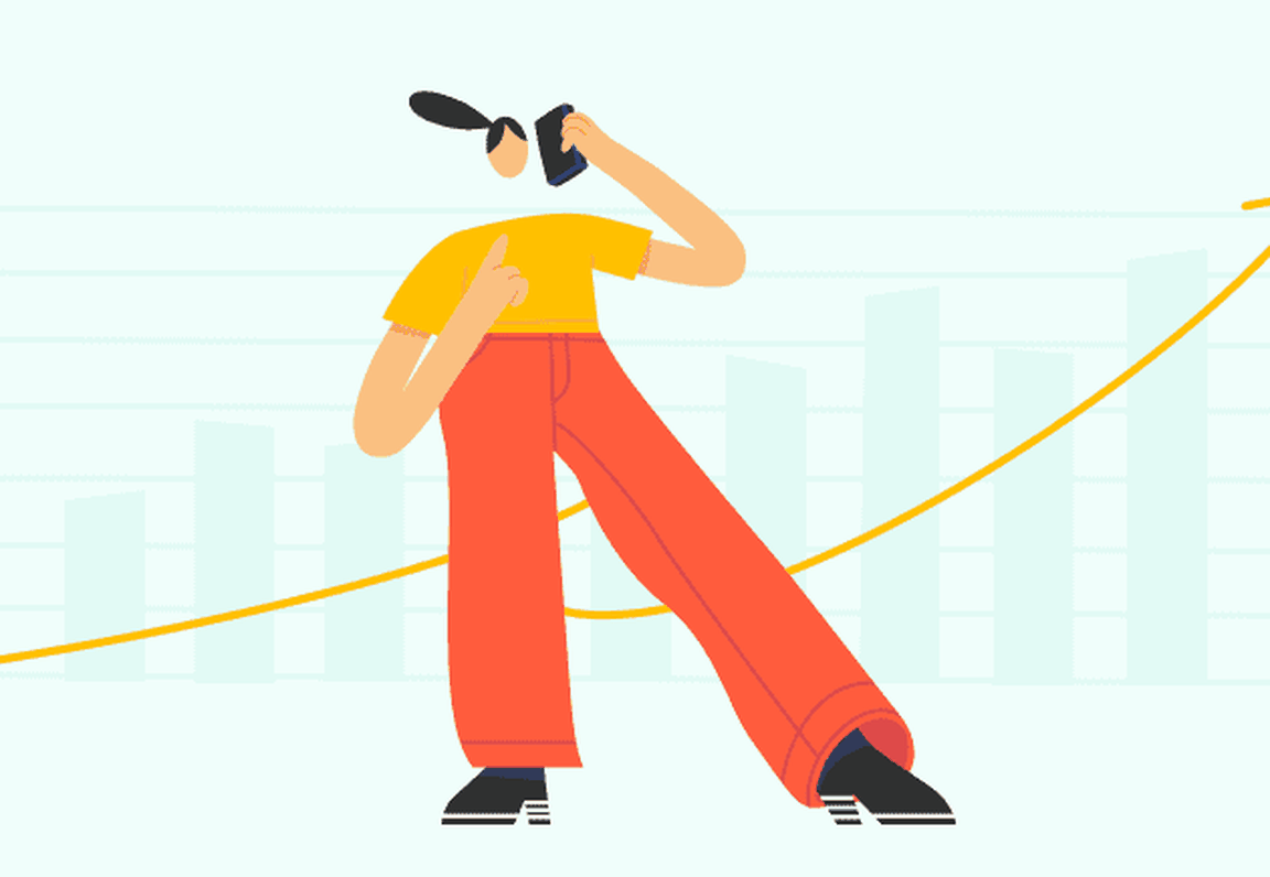 Illustration of a person on the phone standing in front of a chart