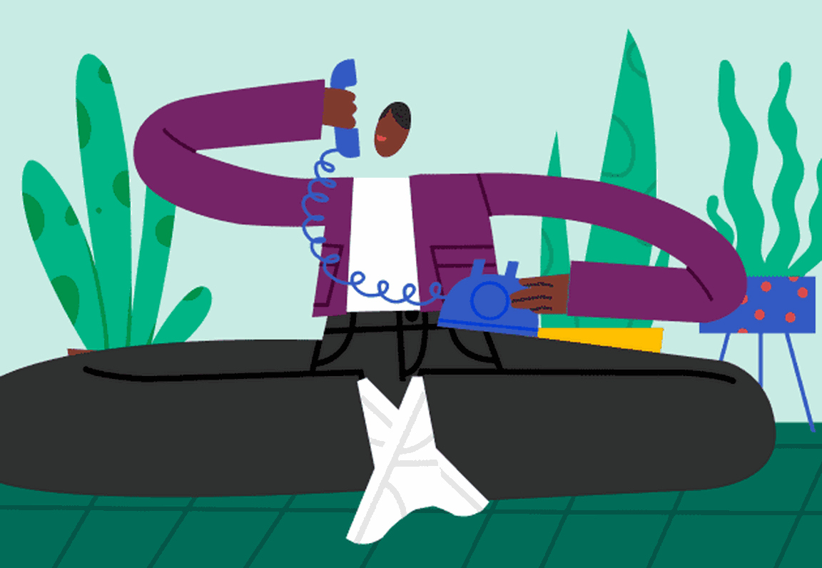 Illustration of a person sitting on green tile talking on a blue landline phone surrounded by plants