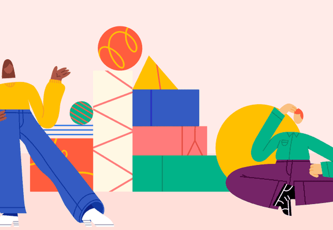 Illustration of two people talking in front of colorful shapes