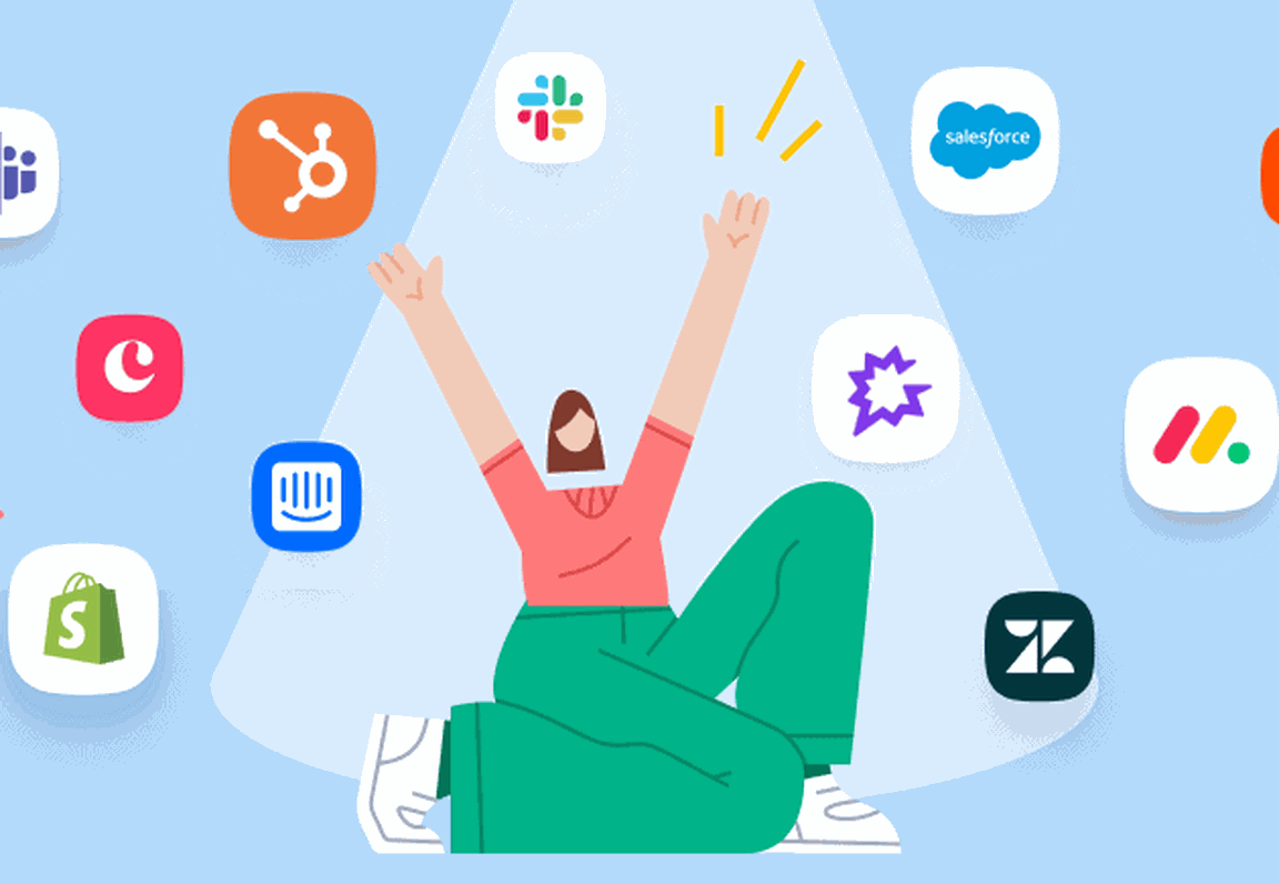 Illustration of a woman sitting on a blue background with a spotlight on her surrounded by integration partner logos
