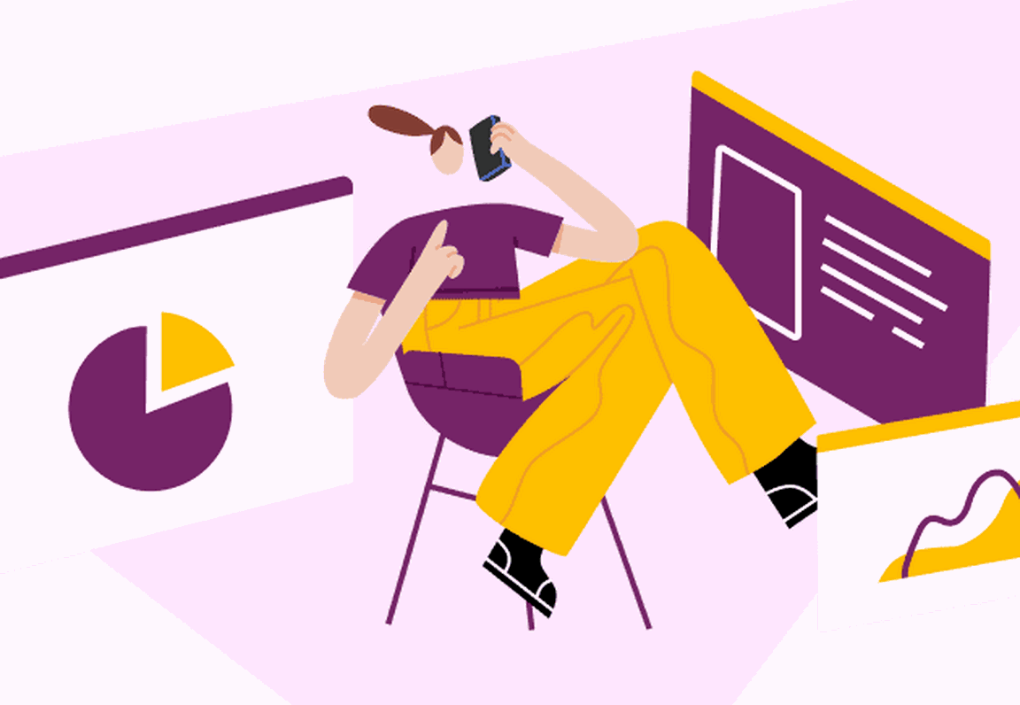 Person sitting in a chair surrounded by graphs and data while on the phone