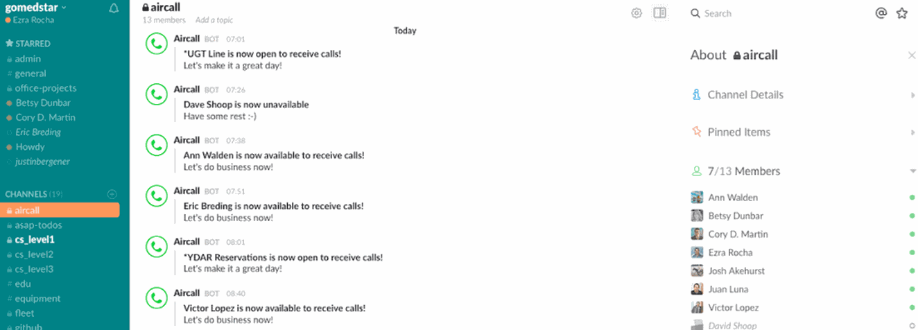 medstar aircall use of slack integration