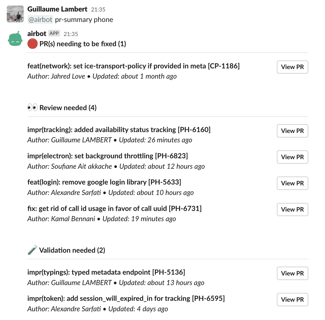 Example of commands via Slack