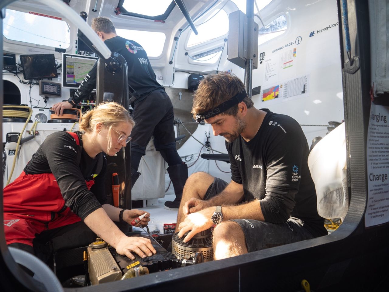 Day 3 isn't easier: Rosalin and Boris are fixing the lynch motor, whilst Will is driving the boat.