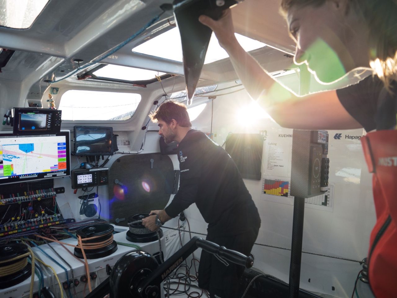 Skipper Boris Herrmann and co-skipper Rosalin Kuiper on watch in the cockpit of Malizia - Seaexplorer and very focussed on the start day.