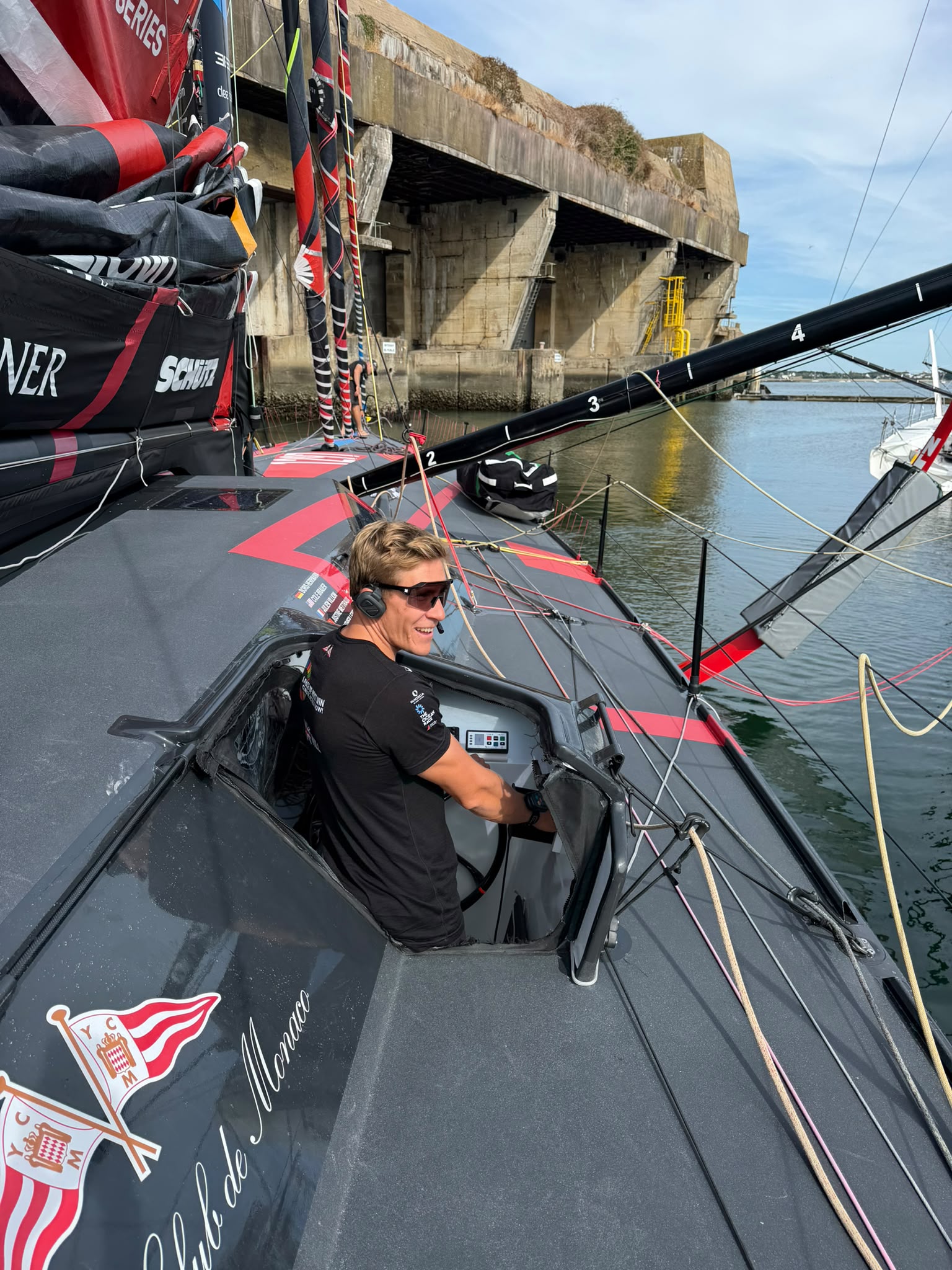 Will Harris docking off with Malizia 4 to sail solo for the first time on an IMOCA