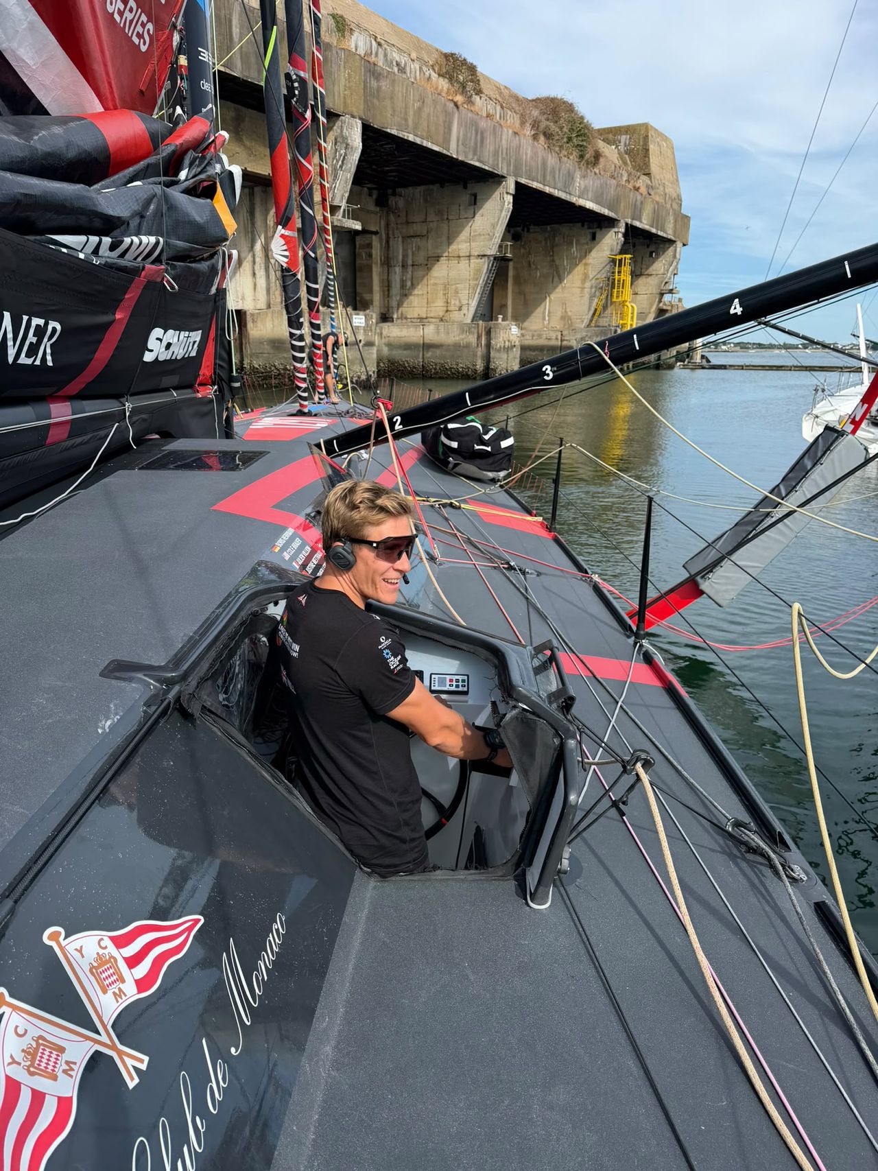 Will Harris docking off with Malizia 4 to sail solo for the first time on an IMOCA