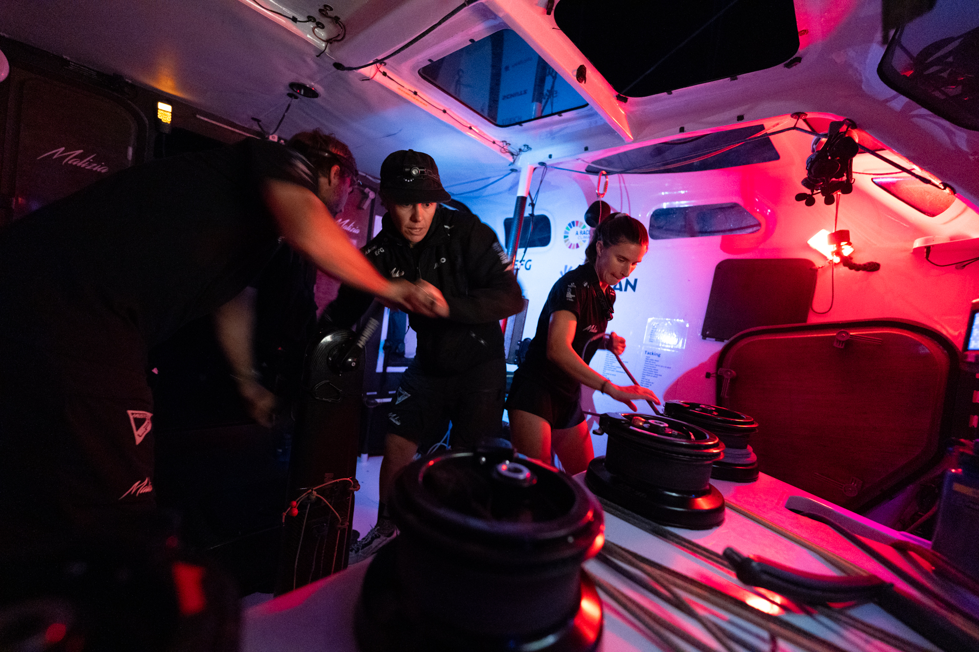 Working hard until the very end: the Team Malizia crew moments before the finish of Leg 5