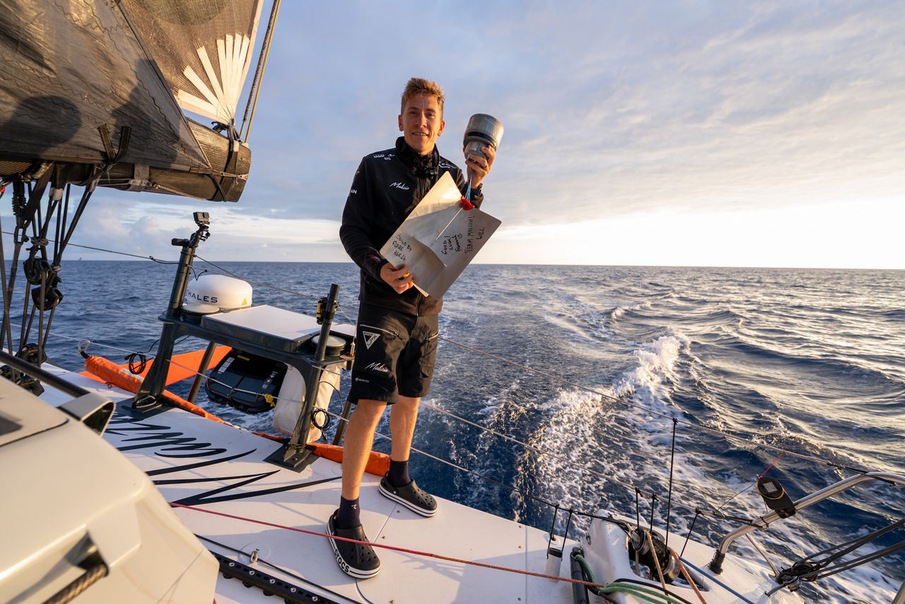 Skipper Will Harris before deploying the prototype drifter buoy in the Bay of Biscay on 19 August 2025