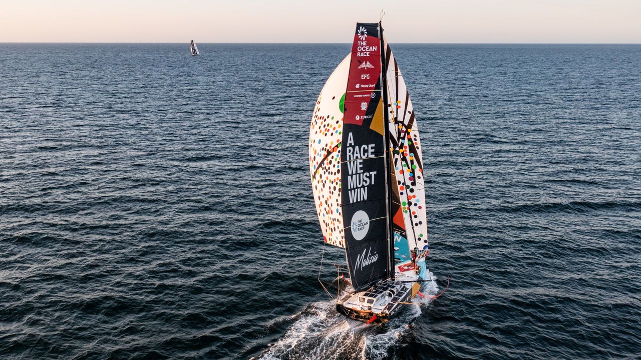 Malizia - Seaexplorer and her spinnaker designed by artist Sarah Morris approaching the Danish coast and close behind Team Holcim-PRB on the last day of Leg 5 of The Ocean Race
