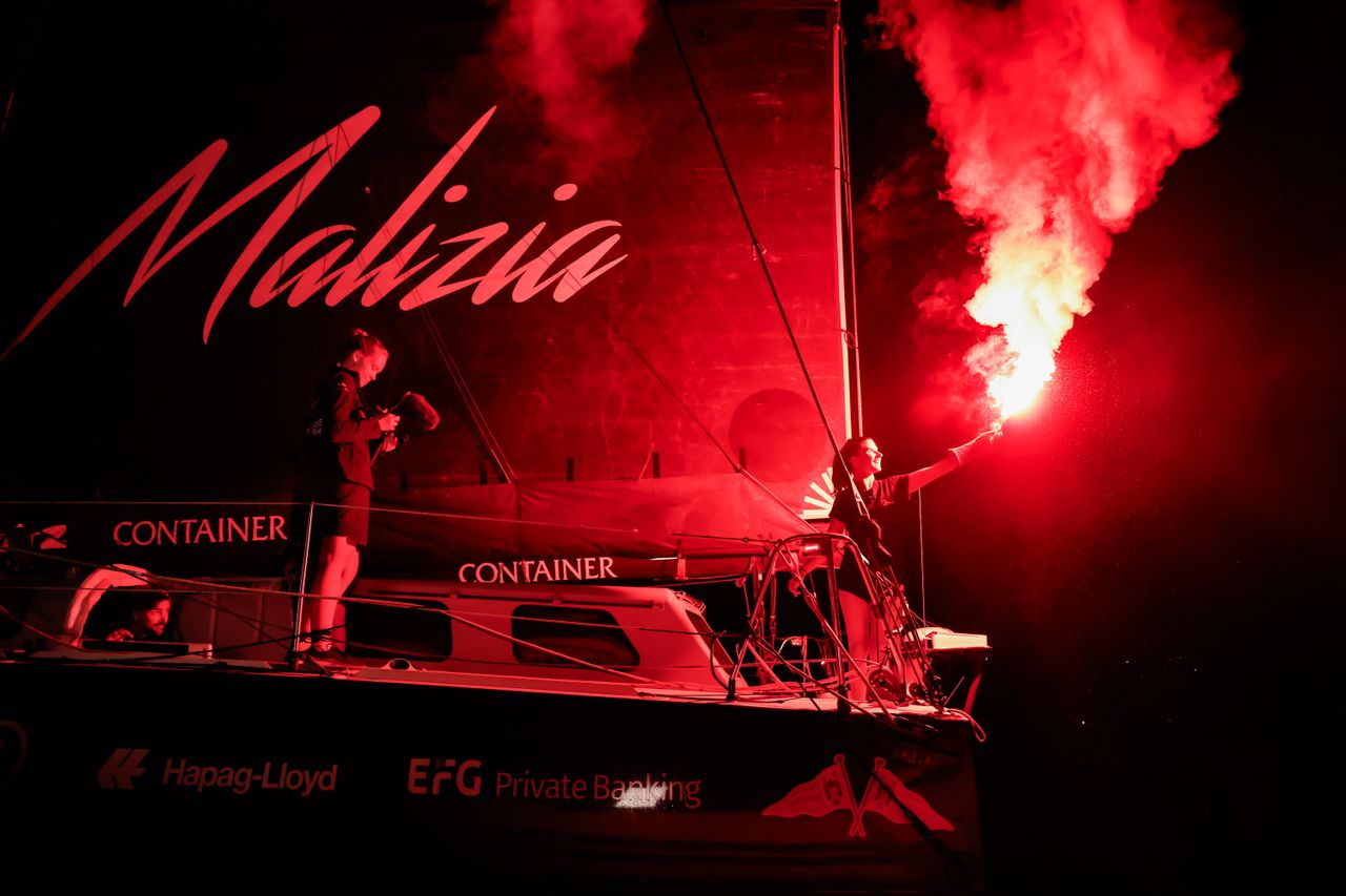 Cole Brauer, filmed by Flore Hartout, celebrating Team Malizia's third-place finish in Leg 5