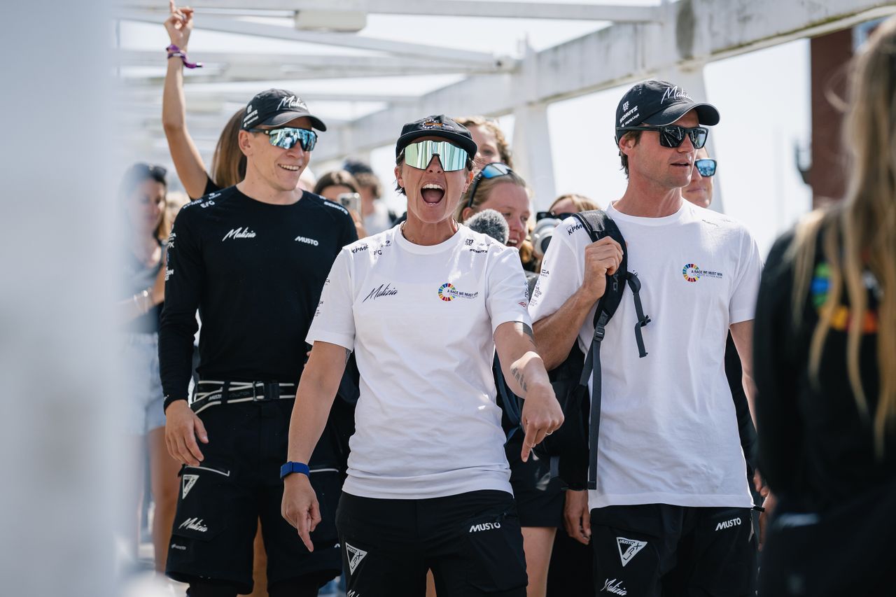 Skipper Will Harris and co-skippers Francesca Clapcich and Loïs Berrehar during the Sailors Parade