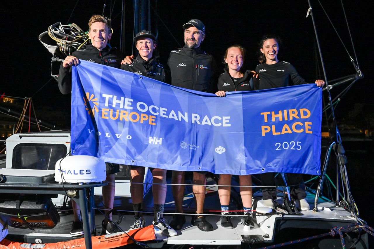Team Malizia's Leg 5 crew from left to right: Will Harris, Francesca Clapcich, Boris Herrmann, Flore Hartout, and Cole Brauer