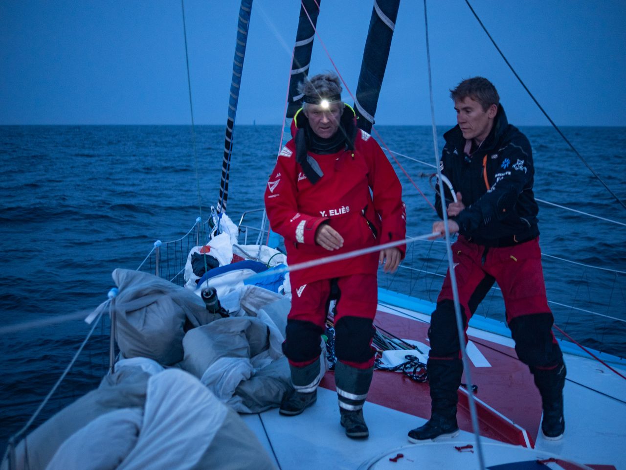 Yann Eliès and Will Harris during the first night of Leg 5 of The Ocean Race, at the beginning of their transatlantic crossing