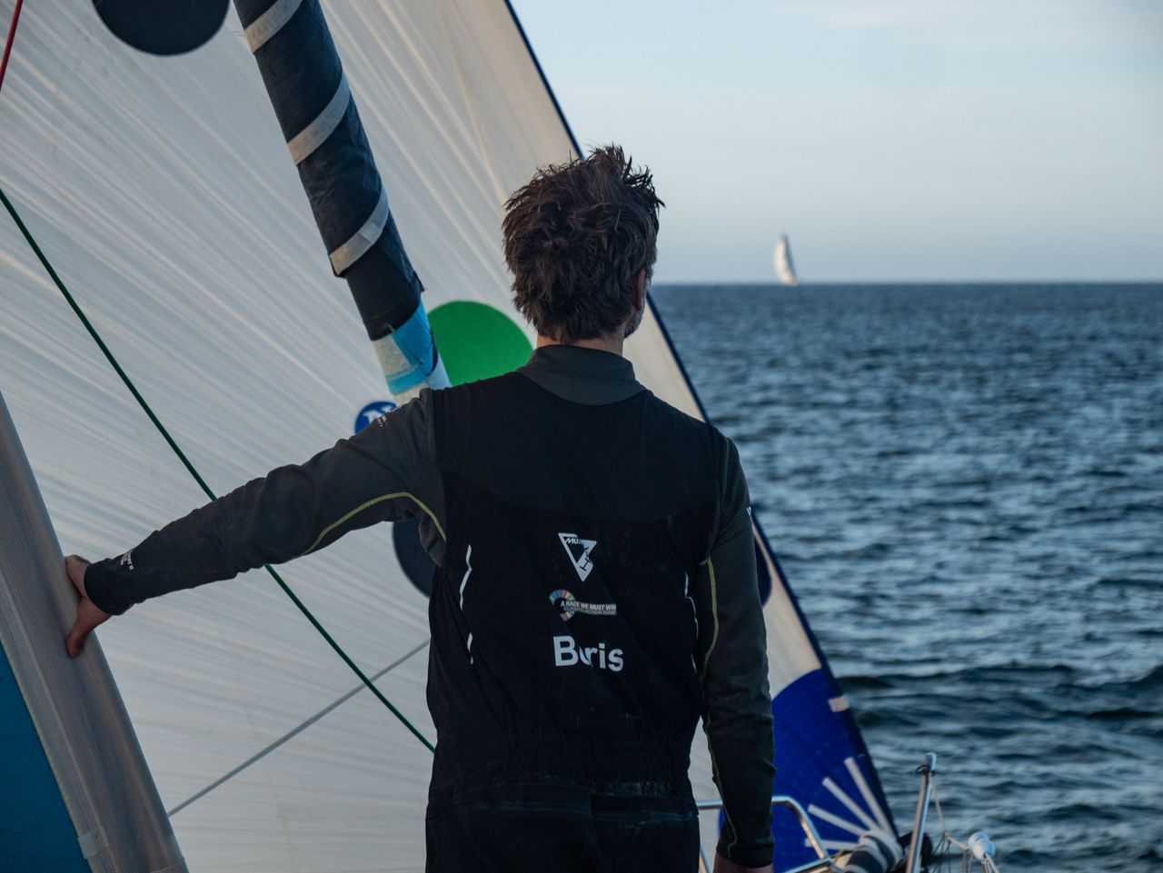 Boris Herrmann on deck of Malizia - Seaexplorer catching up with Team Holcim-PRB only 1 nautical mile away in the final hours of Leg 5 of The Ocean Race