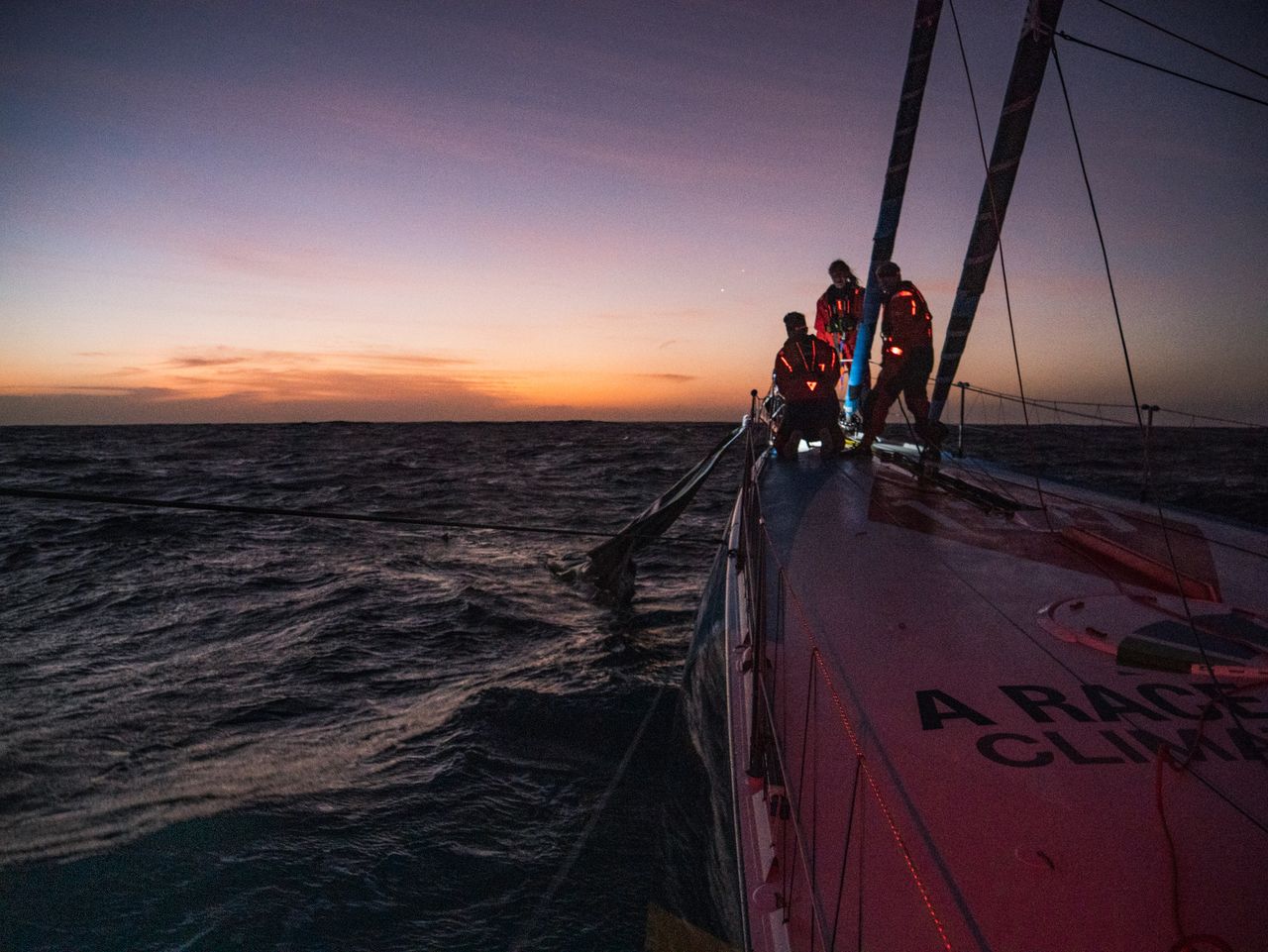 Team Malizia retrieving the broken head sail on 28 February 2023