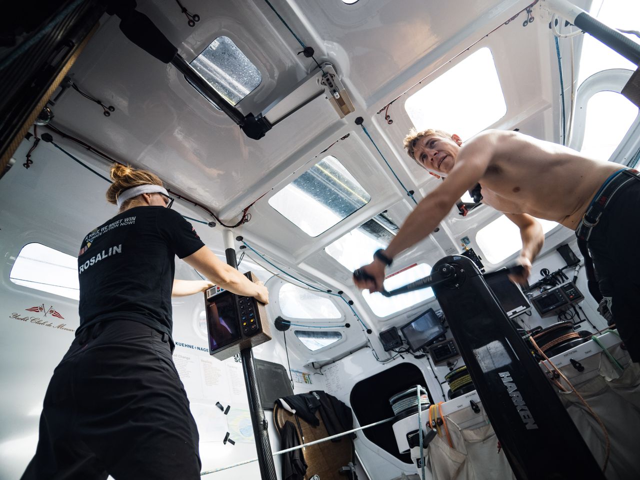 Rosalin Kuiper and Will Harris on watch aboard Malizia - Seaexplorer 