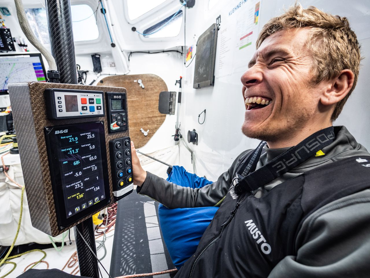 A happy co-skipper Will Harris upon seeing the average top speed of Malizia - Seaexplorer