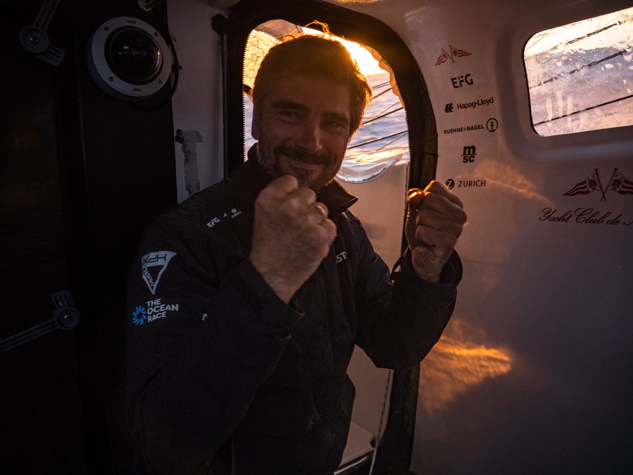 Boris Herrmann celebrating breaking the 24-hour distance record the morning after