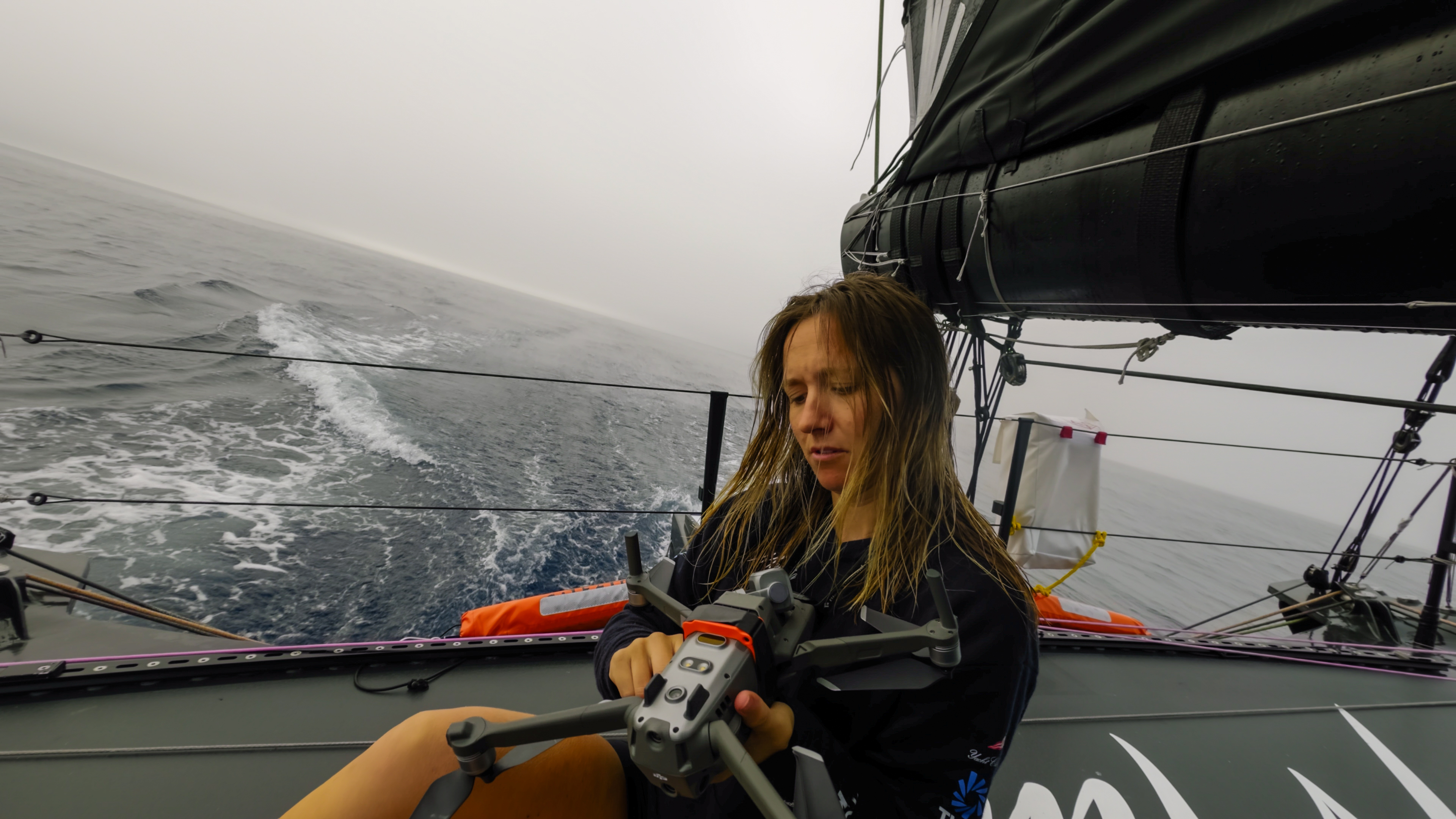 Alice Callow flying the drone from onboard Malizia 4