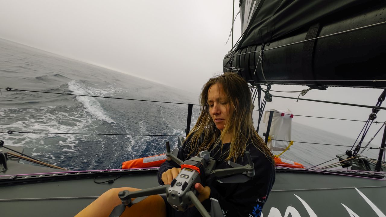 Alice Callow flying the drone from onboard Malizia 4