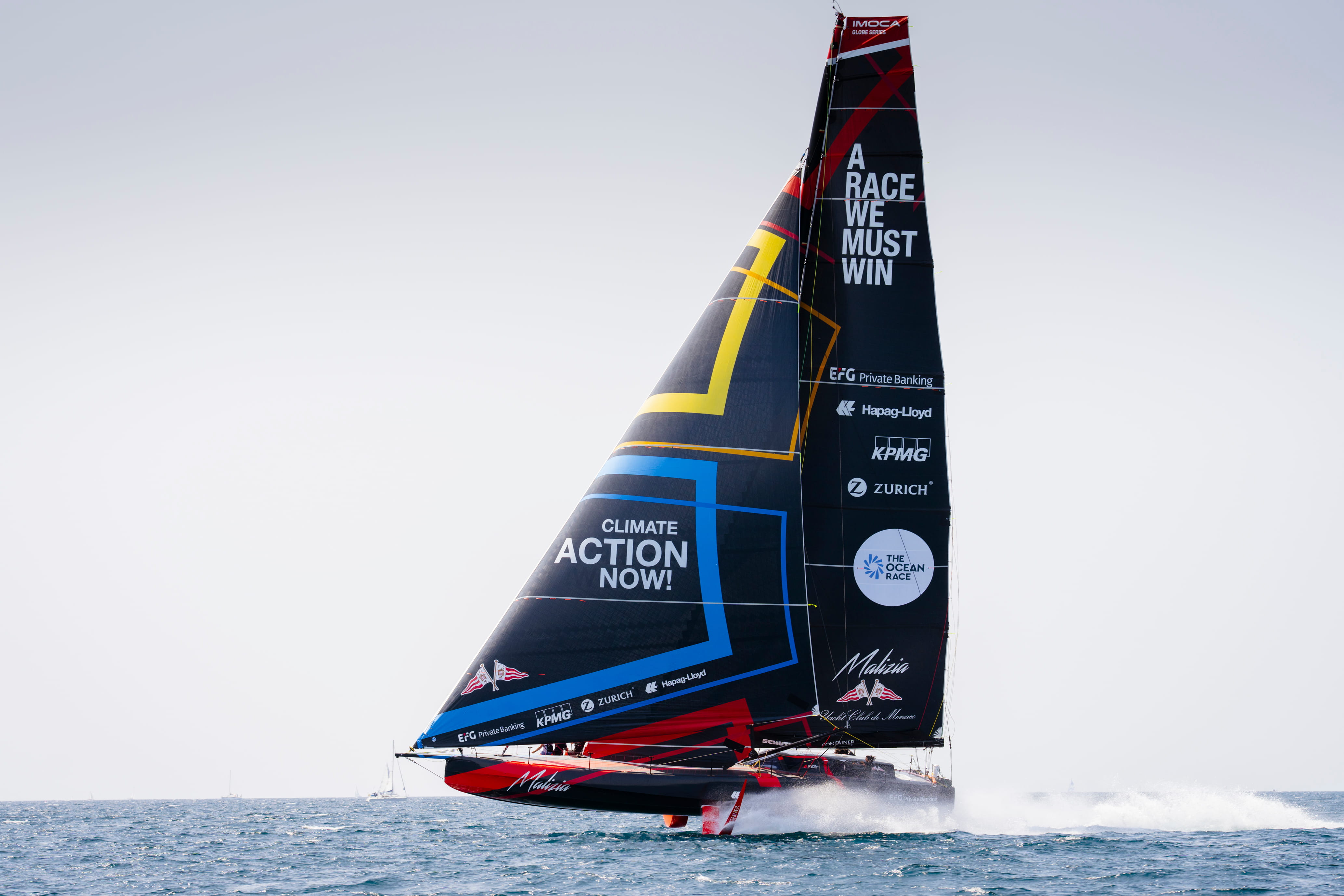 Malizia 4 foiling earlier today off the coast of Lorient, with guests including team members, people involved in the build, partners, and friends