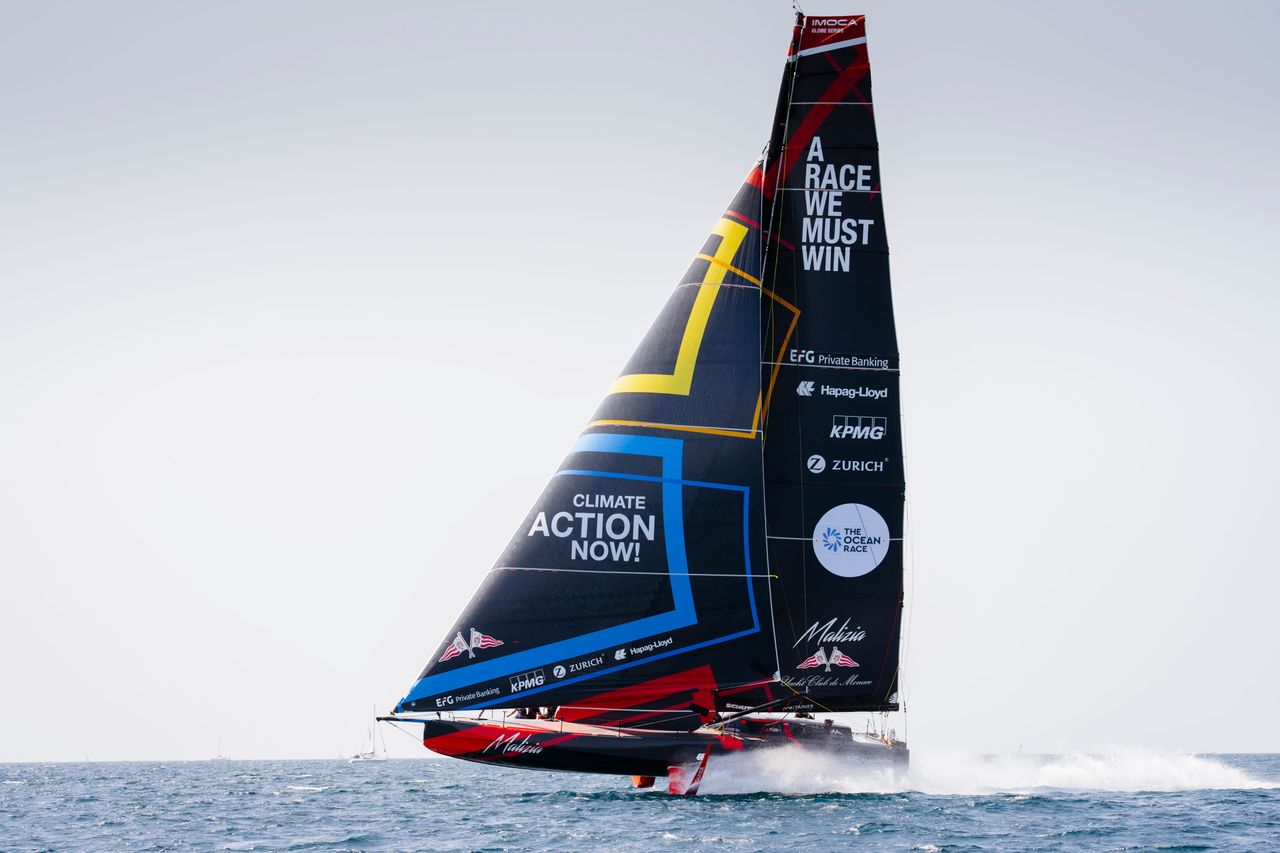 Malizia 4 foiling earlier today off the coast of Lorient, with guests including team members, people involved in the build, partners, and friends