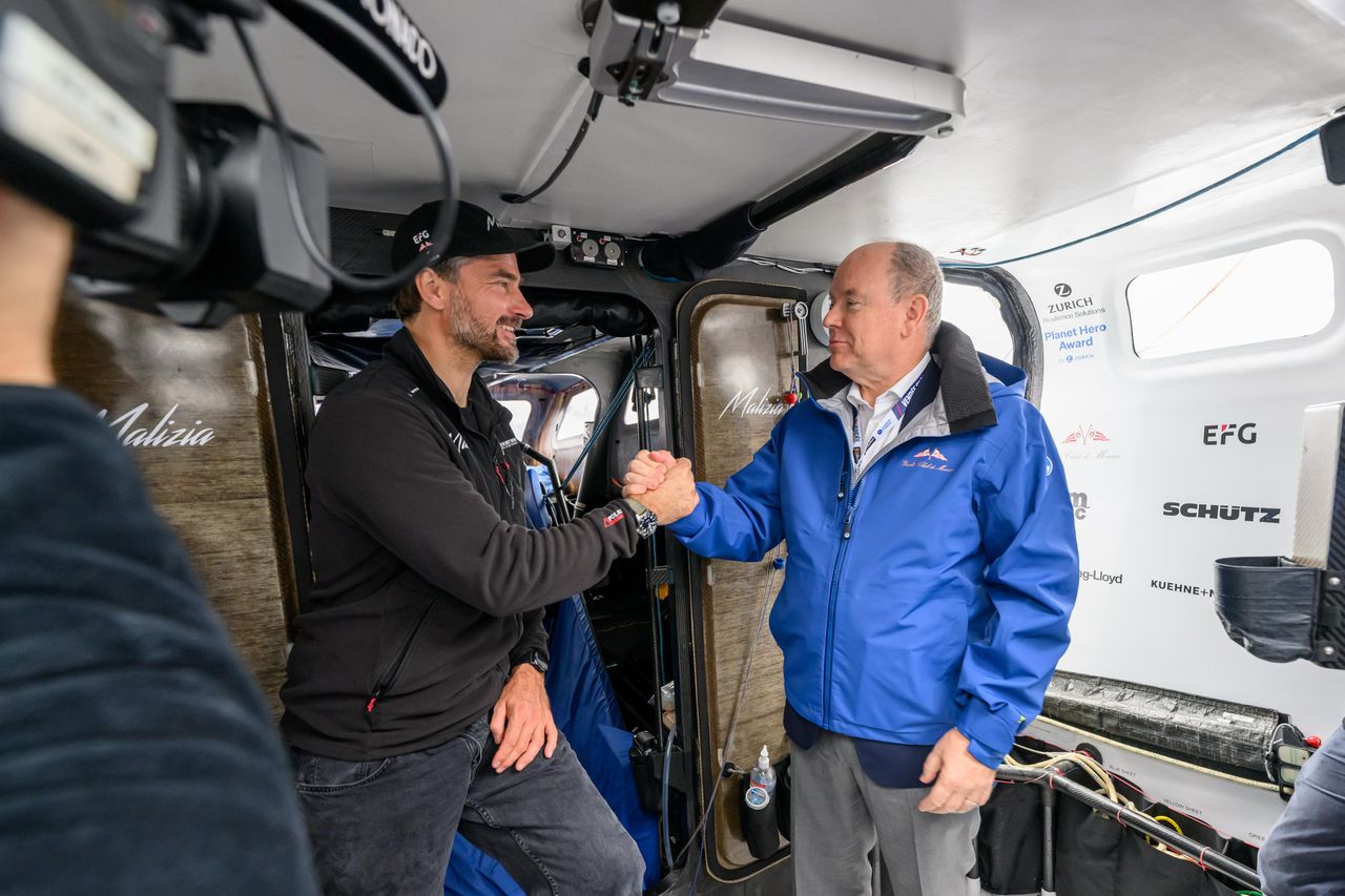 Boris Herrmann and HSH Prince Albert II of Monaco in the cockpit of Malizia - Seaexplorer the day before the start of the Vendée Globe 2024-2025