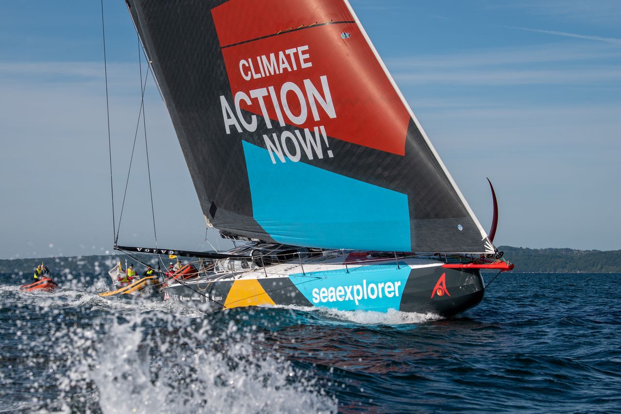 Malizia - Seaexplorer followed by chase boats as she approached the Danish coast upon the arrival of Leg 5 of The Ocean Race in Aarhus